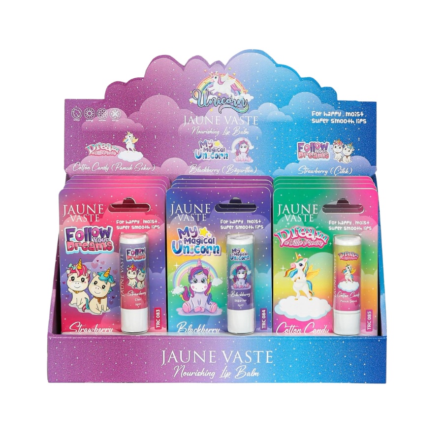 Jaune Vaste Lip Balm Kids Unicorn Stand 12'li