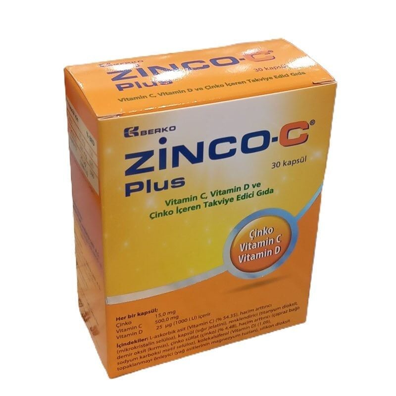 Zinco-C Plus Vitamin C, Vitamin D ve Çinko içerikli 30 Kapsül
