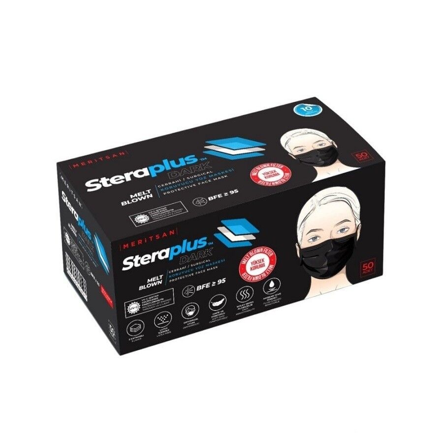 Steraplus SİYAH Full Ultrasonik 3 Katlı (5 Adet 10 lu poşette) Telli Maske 50 Adet