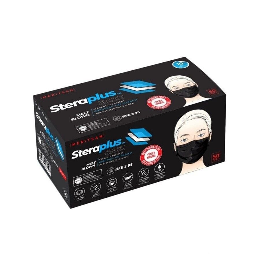 Steraplus SİYAH Full Ultrasonik 3 Katlı (5 Adet 10 lu poşette) Telli Maske 50 Adet