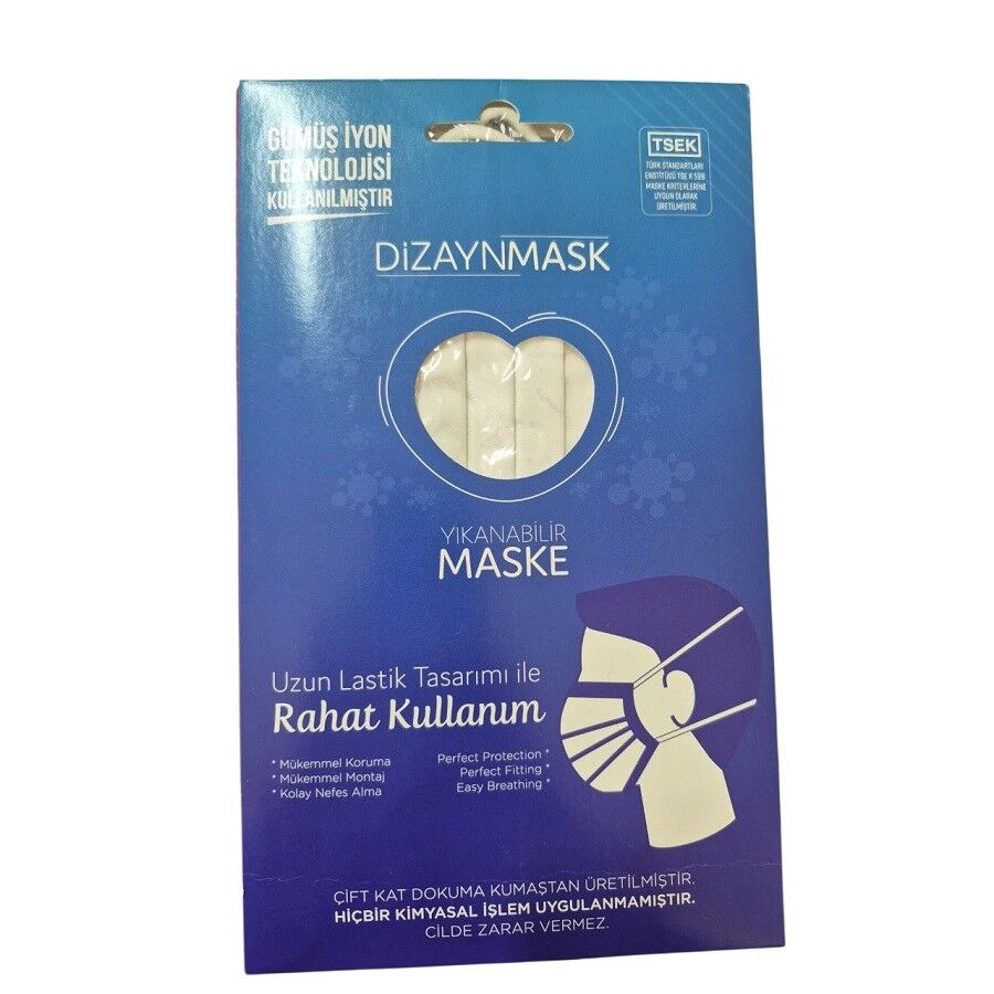 Dizaynmask Gümüş İyonlu Yıkanabilir Maske Beyaz - L