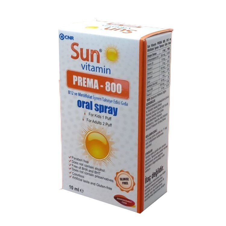 Sun Vitamin Prema-800 Vitamin B12 ve Metilfolat Oral Sprey 10ml